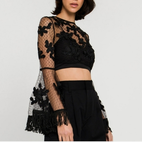 Anthropologie Endless Rose Black Lace Floral Embroidered Fringe Sleeves Crop Top - Picture 4 of 15